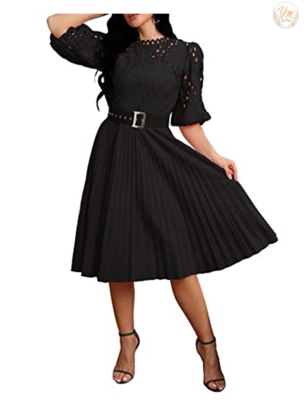 Lace Pleated Midi Dress Puff Sleeve Short Sleeve Hollow Party Evening Dress